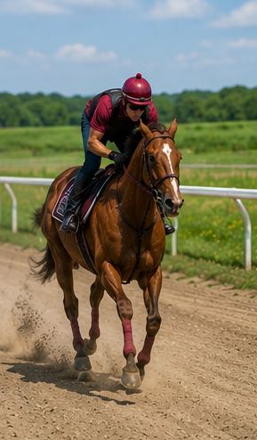 栗毛の馬と騎乗スタッフ