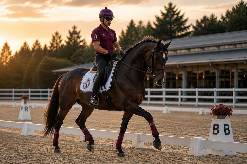 夕暮れの馬場での基礎馬術