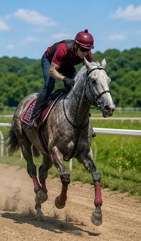ダートを駆ける芦毛の馬