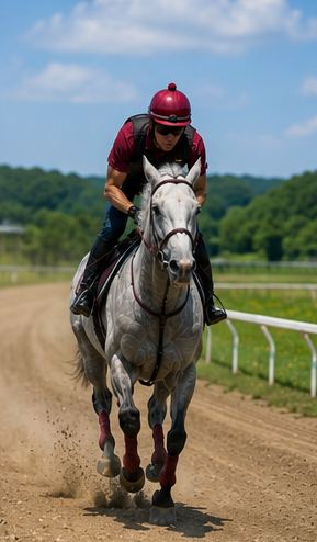 正面から駆けてくる芦毛の馬