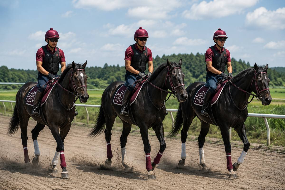 調教コースを並んで進む3頭の馬とスタッフ